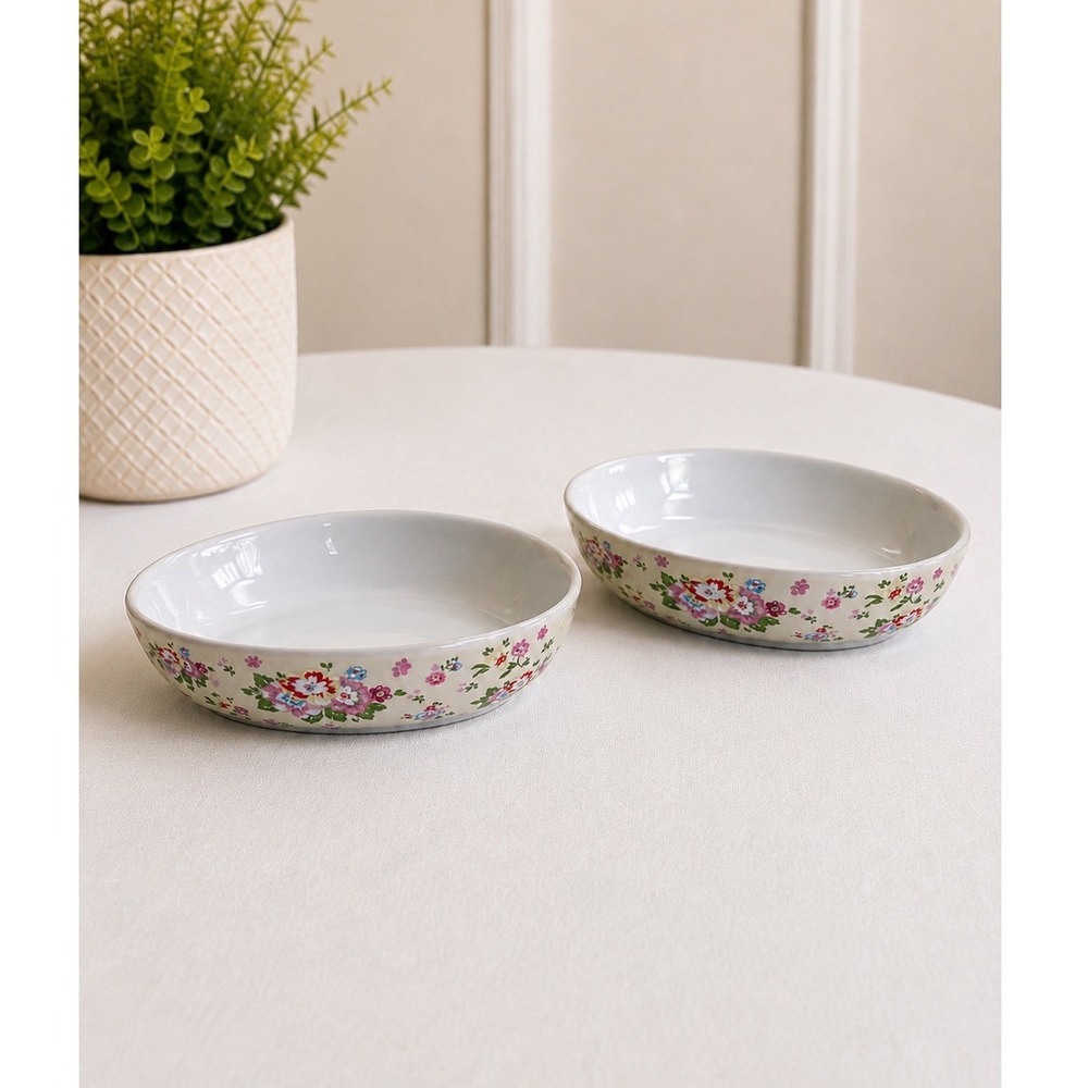 Floral Ceramic Pet Bowls Set of 2 Oval Shallow Cat Dog Dishes Cream Pink Blue